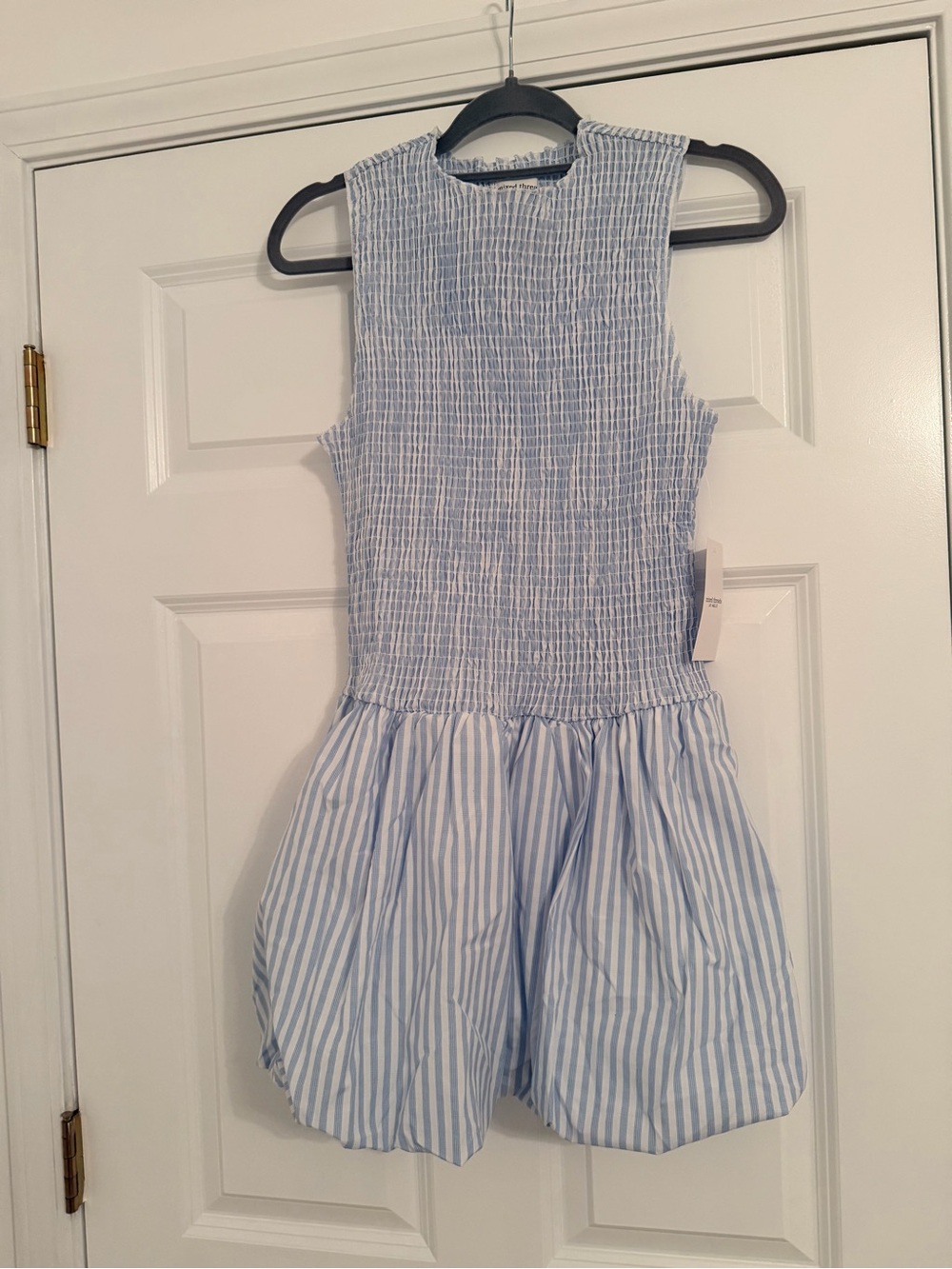 Women's Blue Striped Mini Dress - Sleeveless Smocked Bodice